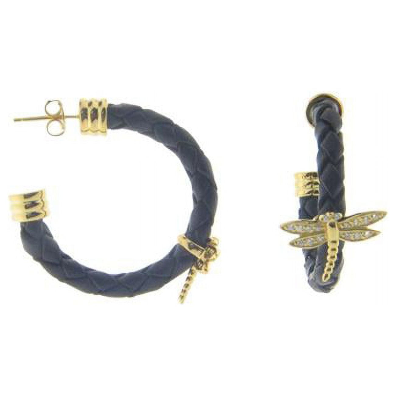 Picture of Fronay 215165G Genuine Black Leather Gold Dragonfly Hoop Earrings in Sterling Silver