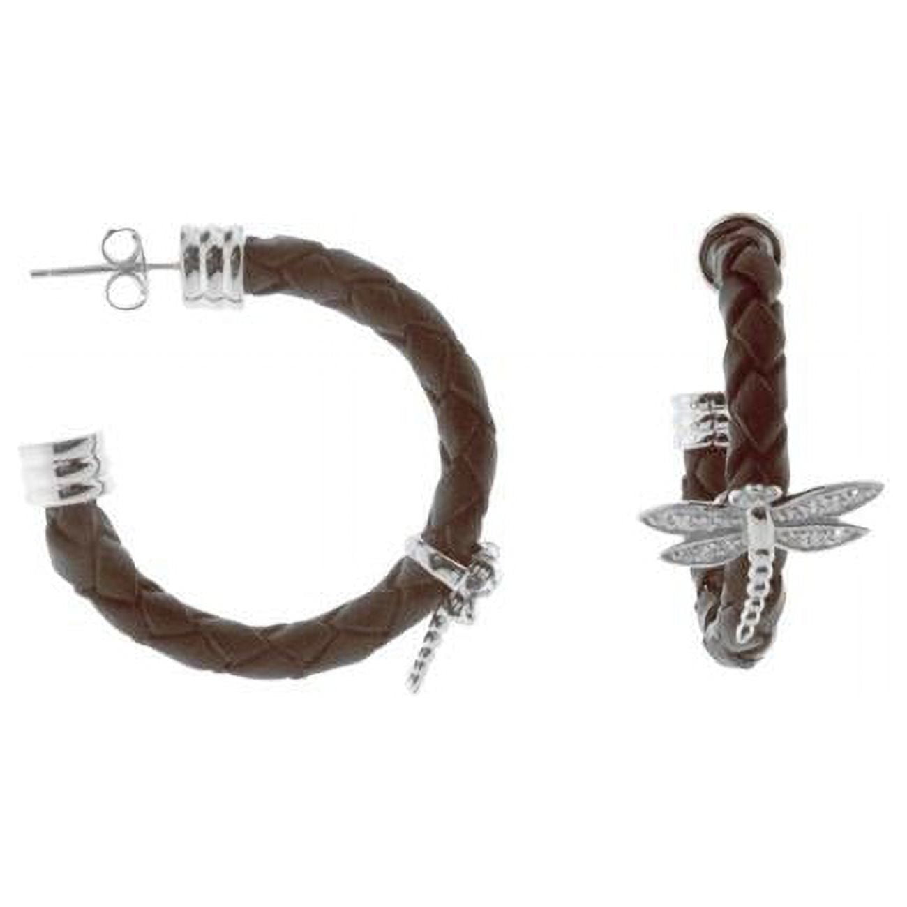 Picture of Fronay 215165S Genuine Brown Leather Dragonfly Hoop Earrings in Sterling Silver