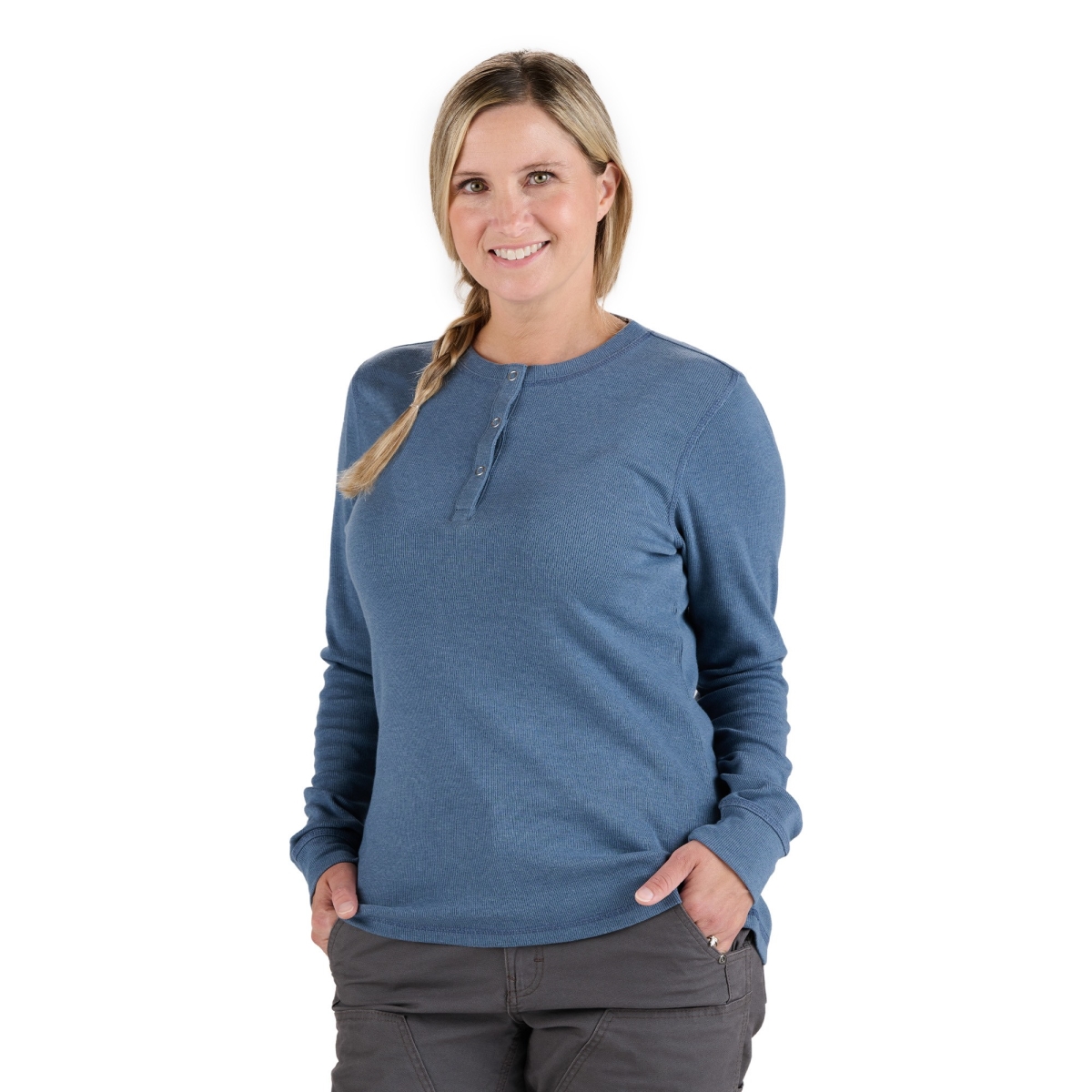 BSW43SLBR360 Womens Heavyweight Rib-Knit Long Sleeve Henley Shirt, Steel Blue - Small