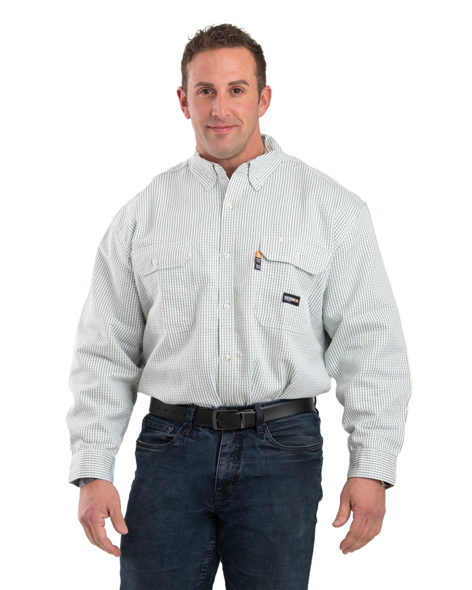 FRSH21GNR480 Flame Resistant Button Down Plaid Long Sleeve Work Shirt, Green - Extra Large