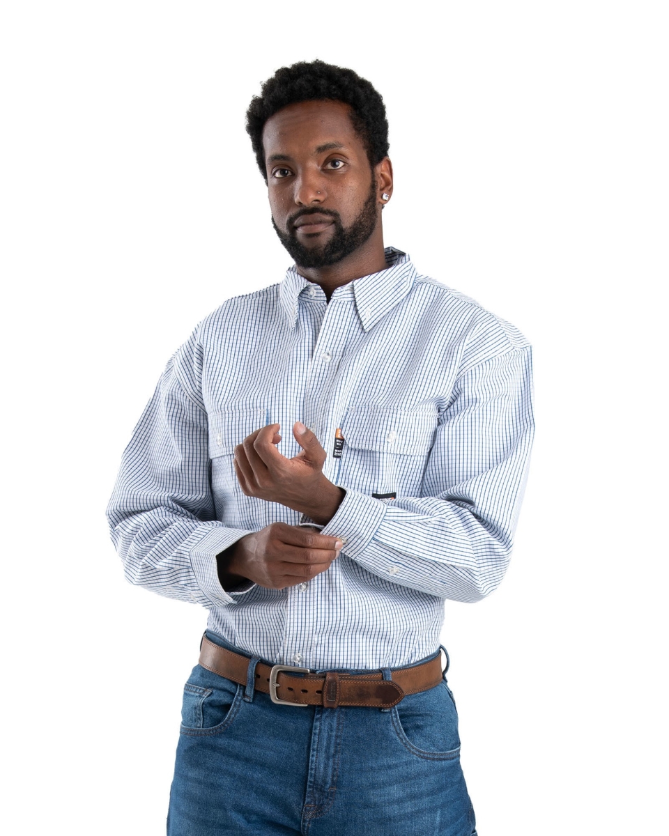 FRSH21NVR440 Flame Resistant Button Down Plaid Long Sleeve Work Shirt, Navy - Large