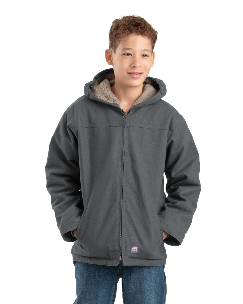 BHJ42TNMR400 Youth Sherpa-Lined Softstone Duck Hooded Jacket, Titanium - Medium