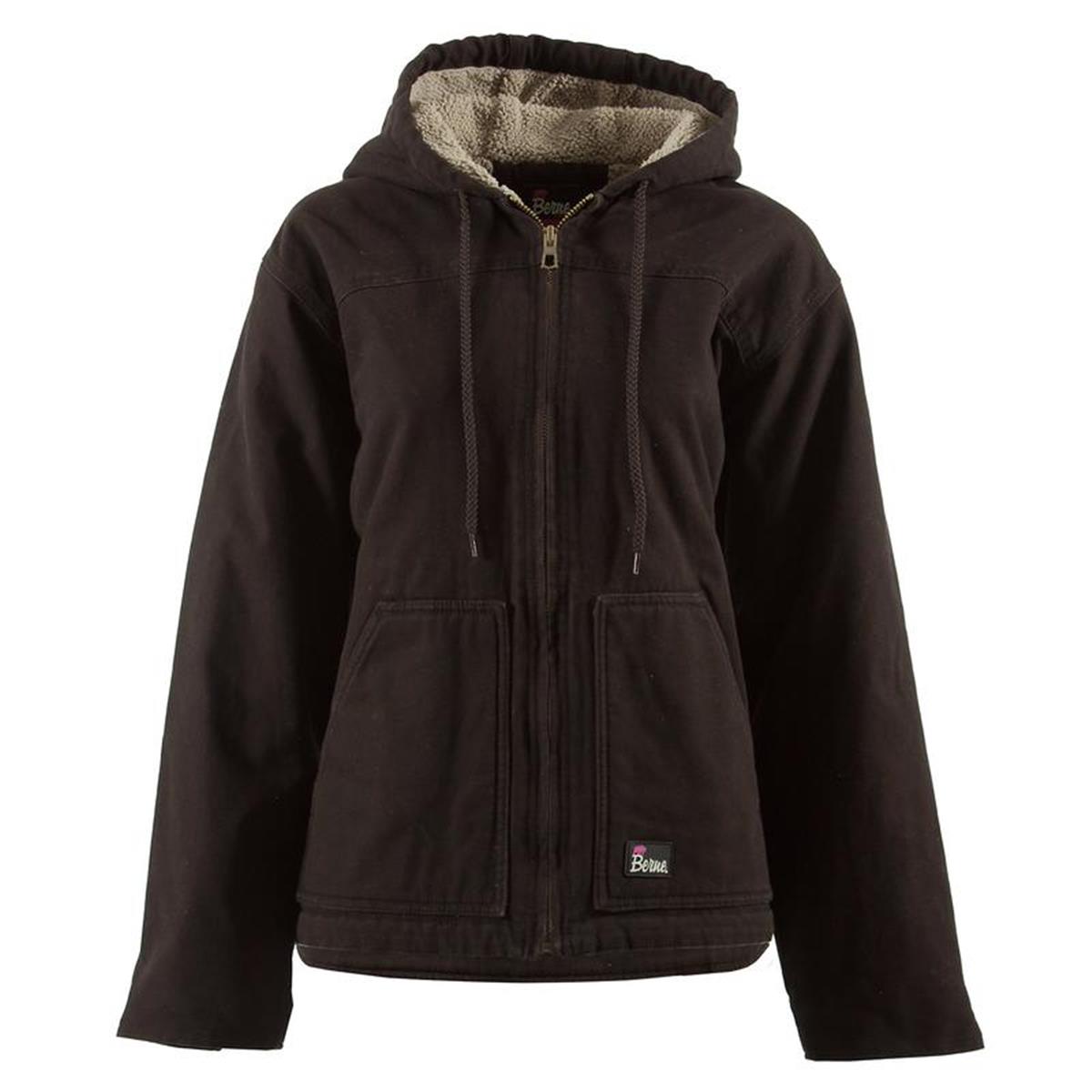 Ladies Washed Hooded Coat - Fine Sherpa Lined, Dark Brown - Medium