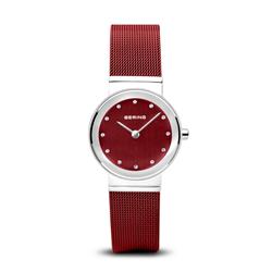 Picture of Bering 10126-303 Women Classic Polished Silver Mesh Watch with Red Dial