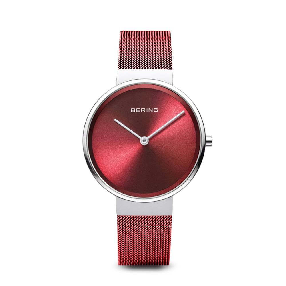 Picture of Bering 14531-303 Female Classic Polished & Brushed Silver Mesh Watch with Red Dial
