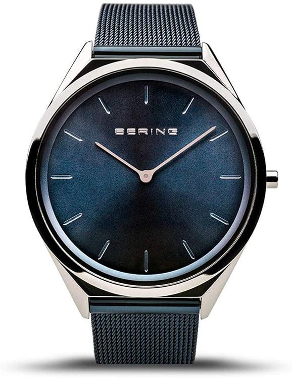 Picture of Bering 17039-307 Unisex Ultra Slim Polished Silver Mesh Watch with Blue Dial