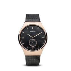Picture of Bering 70142-262 Male Smart Traveler Brushed Rose Gold Mesh Watch with Black Dial