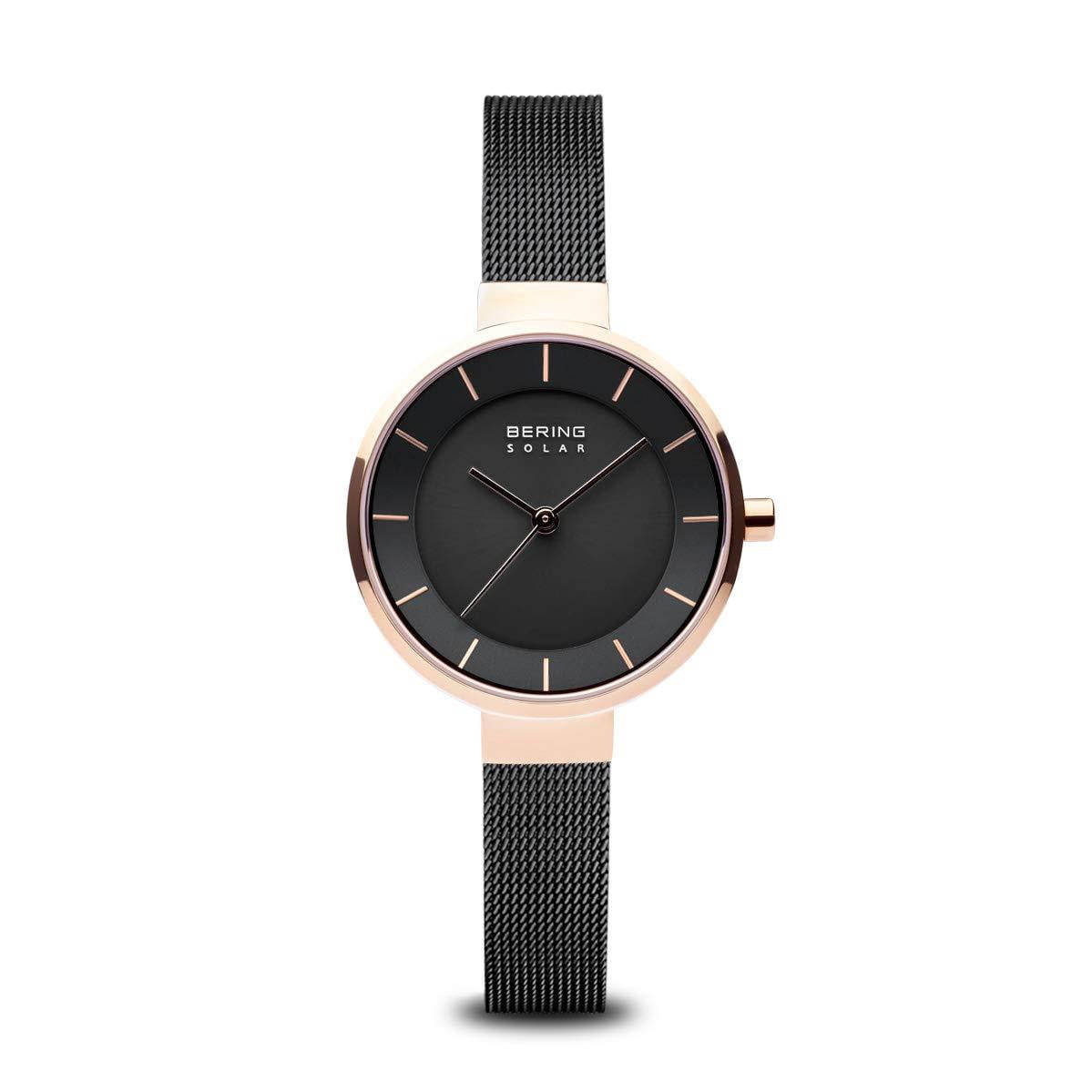 Picture of Bering 14631-166 Female Solar Polished Rose Gold Mesh Watch with Black Dial
