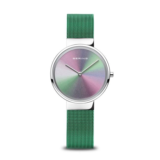 Picture of Bering 10X31-Anniversary1 Female Anniversary Polished Silver Mesh Watch with Green Strap