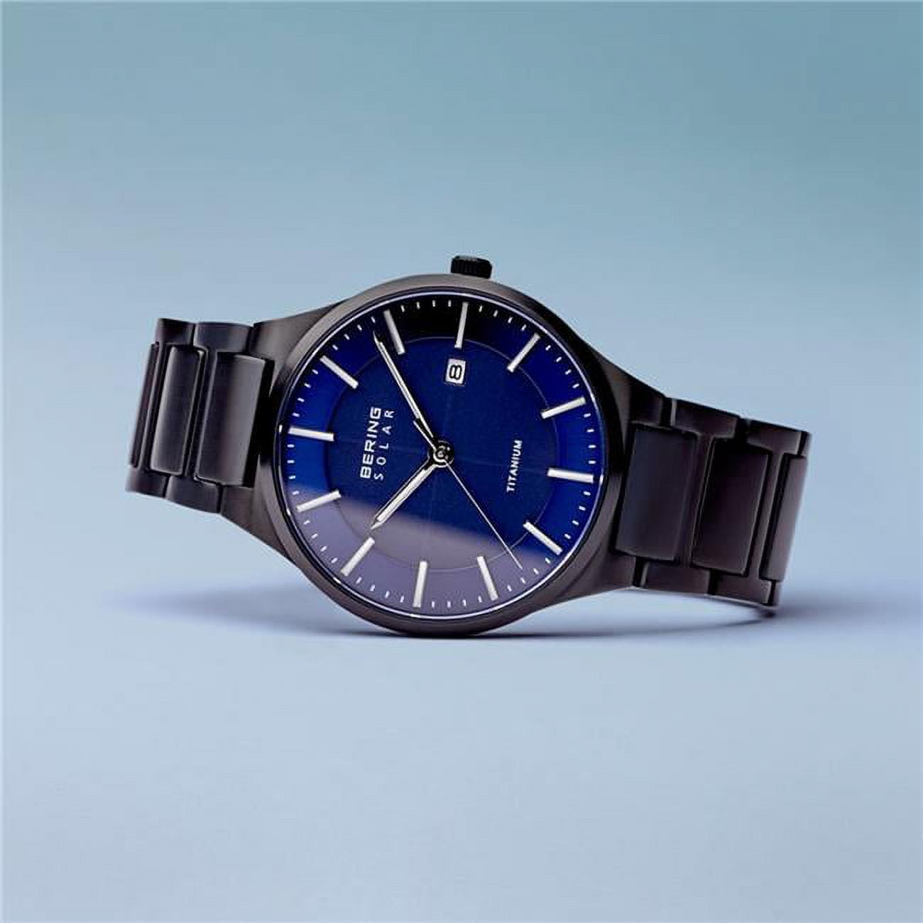 Picture of Bering 15239-727 Male Solar Brushed Black Bracelet Watch with Blue Dial