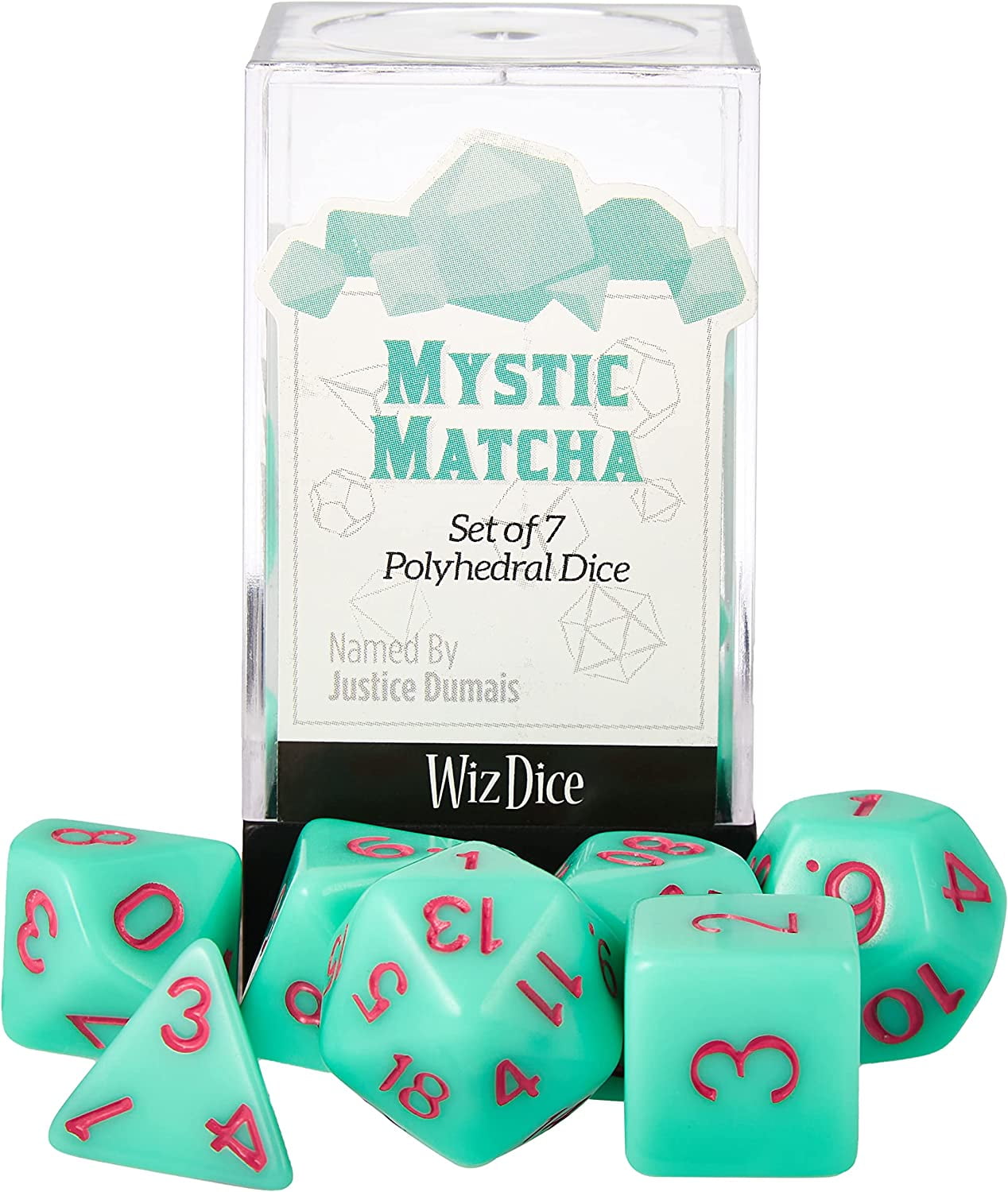 Picture of Brybelly GDIC-1173 Mystic Matcha Solid Green with Red Paint Dice&#44; Set of 7