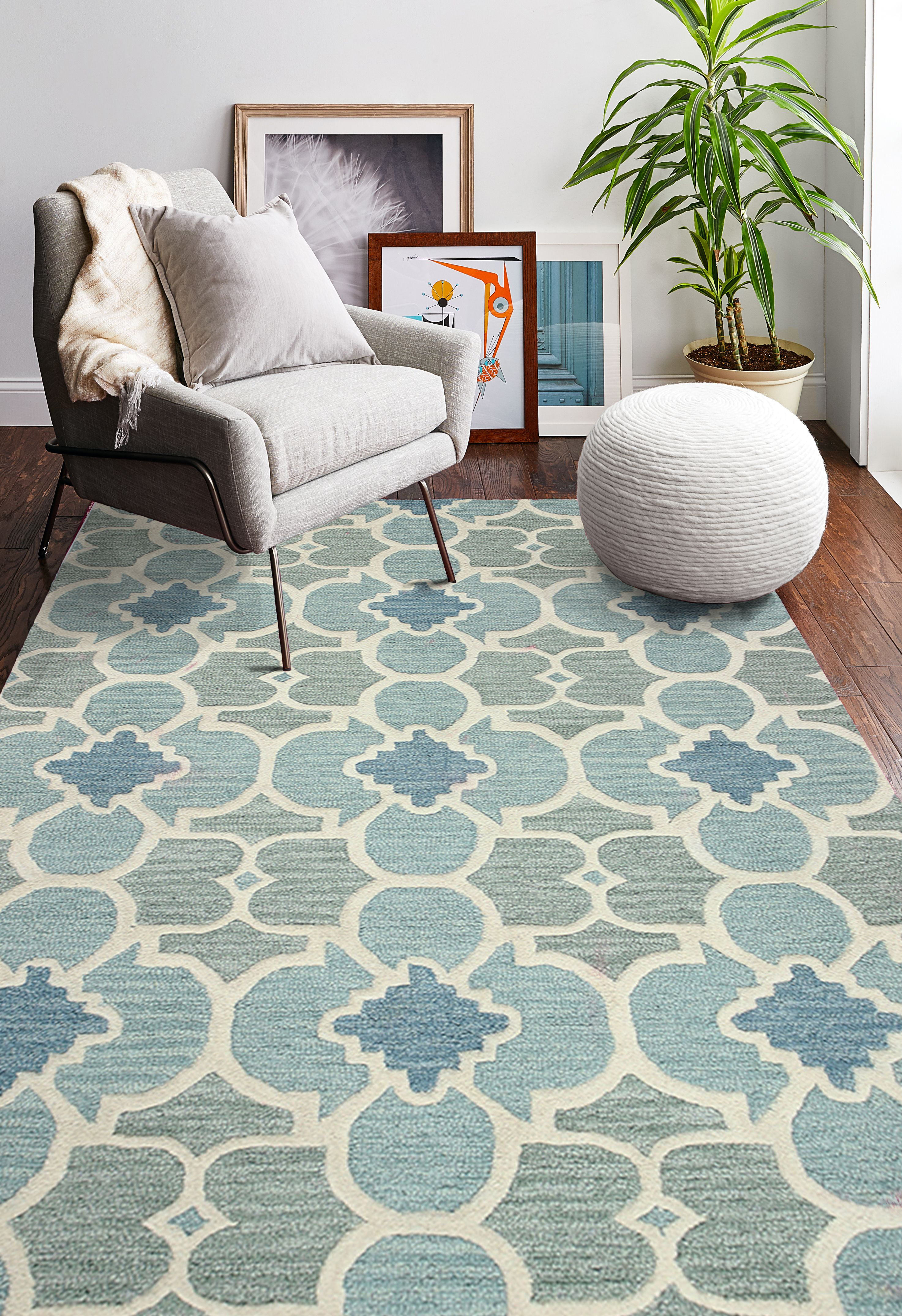 Picture of Bashian R121-AQ-5X7.6-CAL927 Rajapur Collection Geometric Transitional 100 Percent Wool Hand Tufted Area Rug&#44; Aqua - 5 ft. x 7 ft. 6 in.