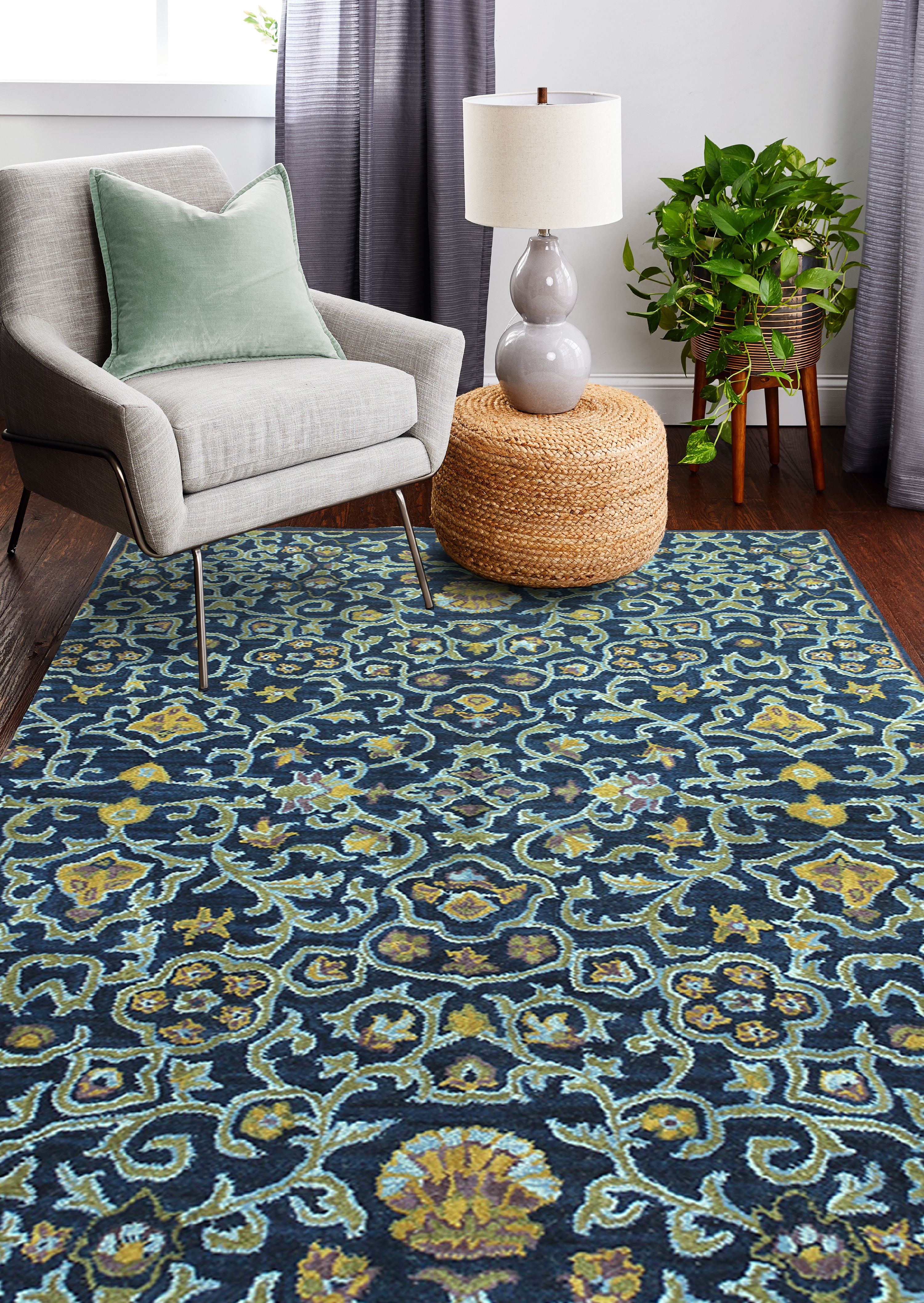 Picture of Bashian R128-NV-8X10-HG131 Wilshire Collection Floral Transitional 100 Percent Wool Hand Tufted Area Rug&#44; Navy - 7 ft. 9 in. x 9 ft. 9 in.
