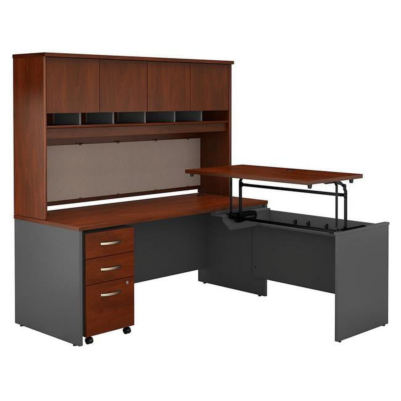 Picture of Bush Business Furniture SRC124HCSU 72 x 30 in. Series C 3 Position Sit to Stand L-Shaped Desk with Hutch & Mobile File Cabinet - Hansen Cherry