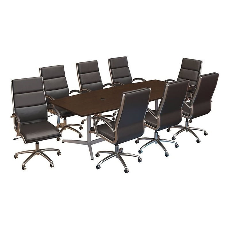 CTB001MR 96 x 42 in. Boat Shaped Conference Table with Metal Base & High Back Office Chairs - Mocha Cherry, Set of 8 -  Bush Business Furniture