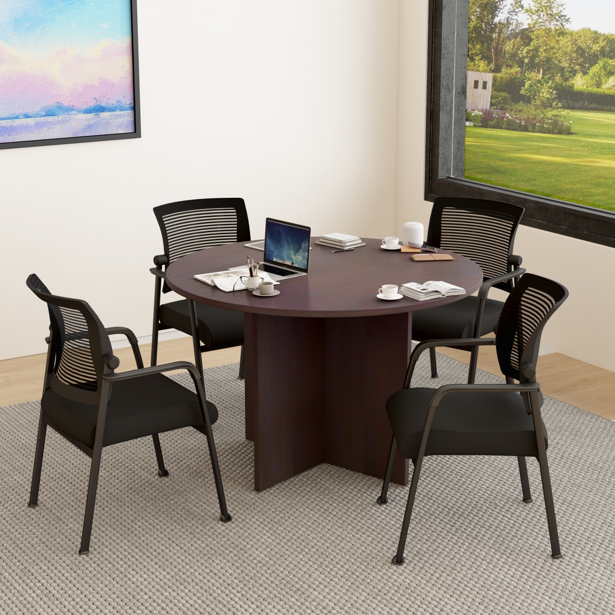 GROUP123MOC-A 47 in. Executive Round Conference Table & Chairs, Mocha