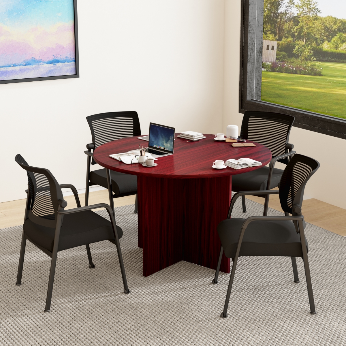 Executive Round Conference Table & Chairs - Mahogany - 47 in. - Set of 5 - Durable & Stylish