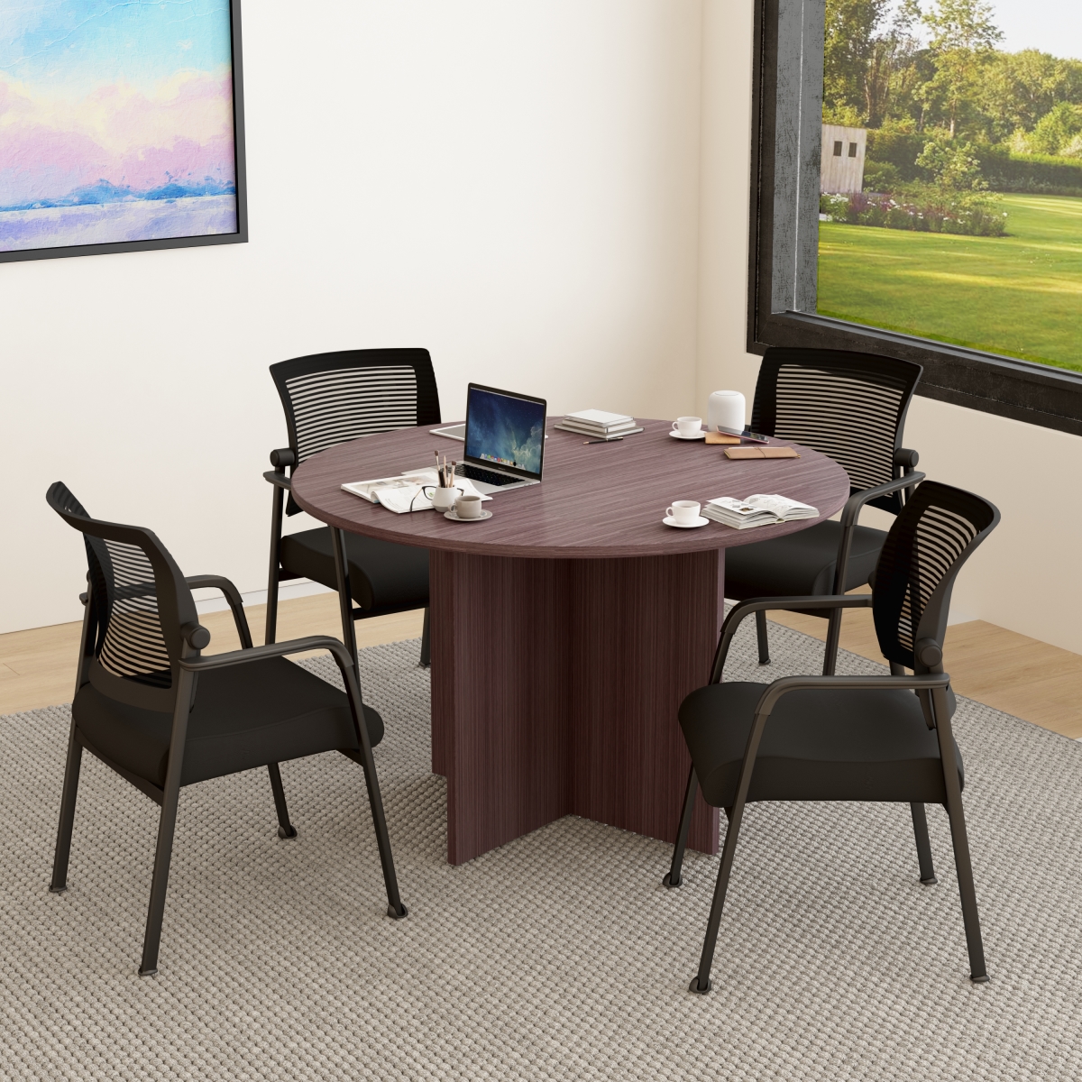 GROUP123DW-A 47 in. Executive Round Conference Table & Chairs, Driftwood