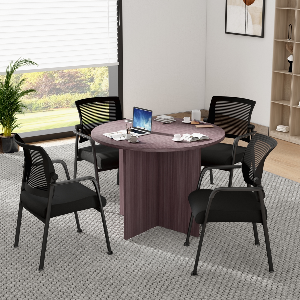 Executive Round Conference Table & Chairs - Driftwood - 42 in. - Set of 5 - Scratch Resistant