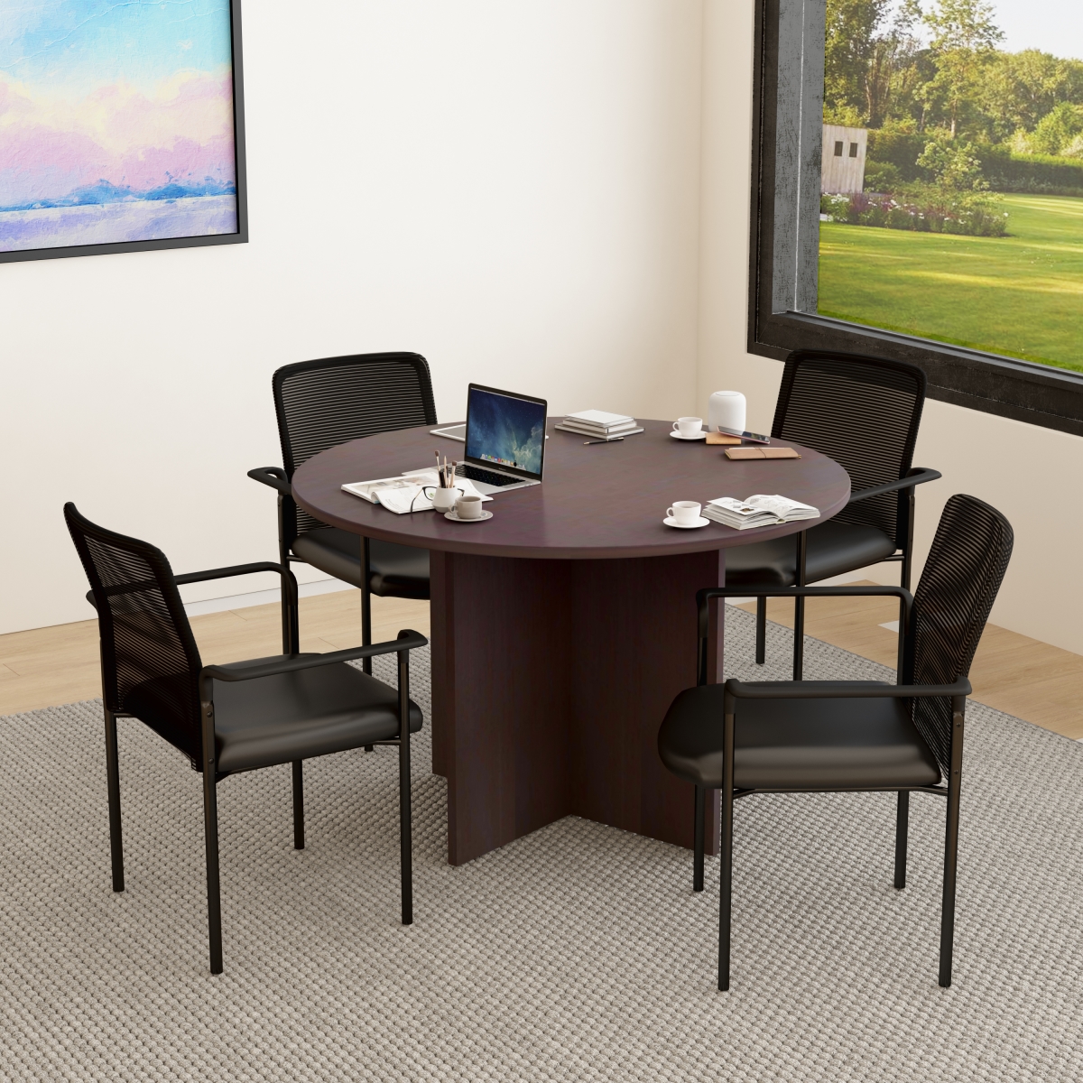 Executive Round Conference Table & Chairs - Mocha - 47 in. - Set of 5 - Scratch Resistant