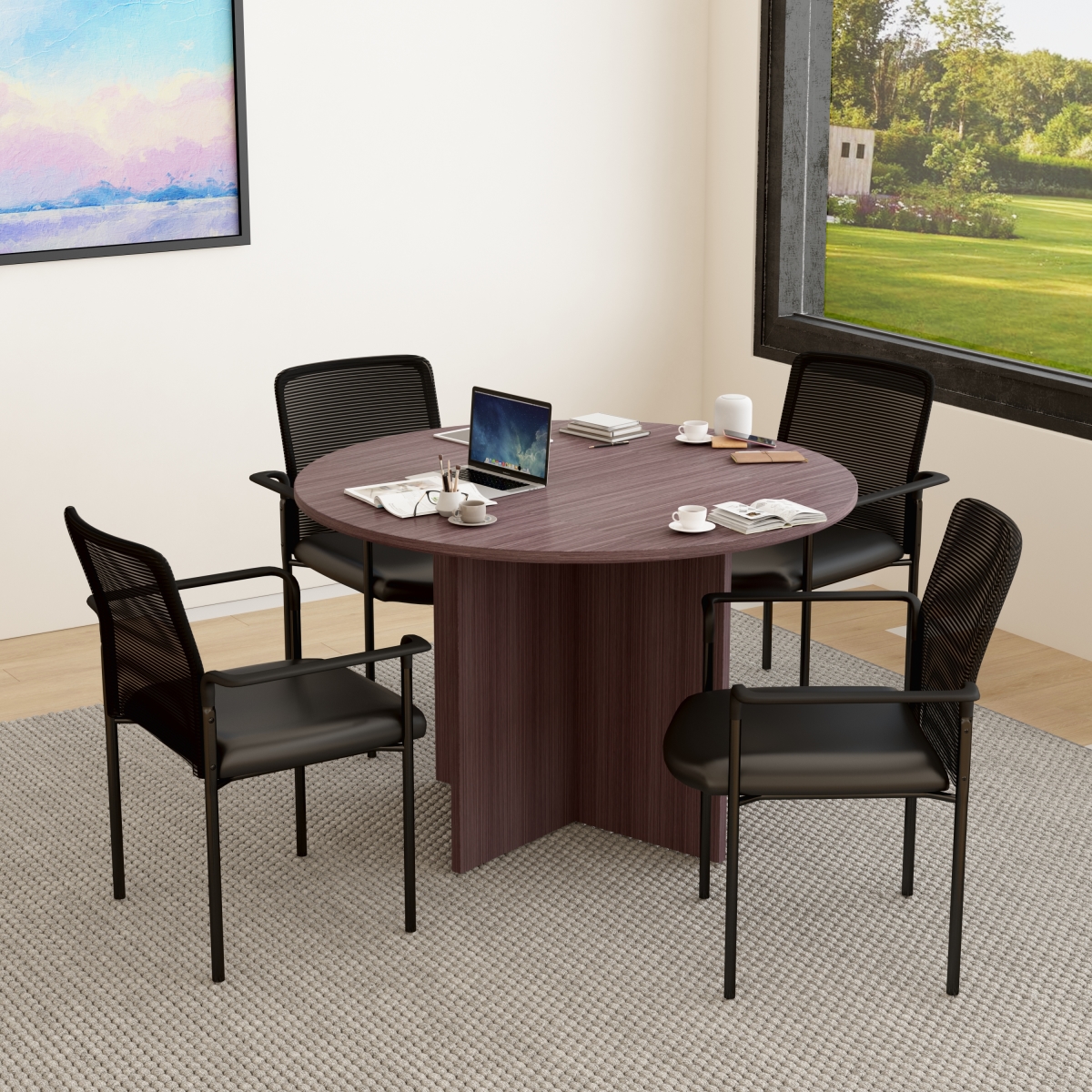 GROUP123DW-C 47 in. Executive Round Conference Table & Chairs, Driftwood