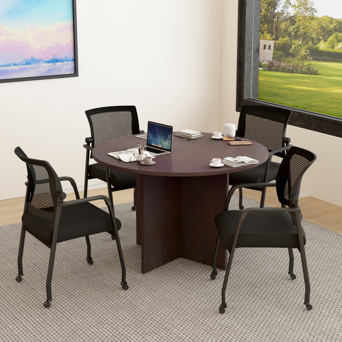 GROUP123MOC-B 47 in. Executive Round Conference Table & Chairs, Mocha