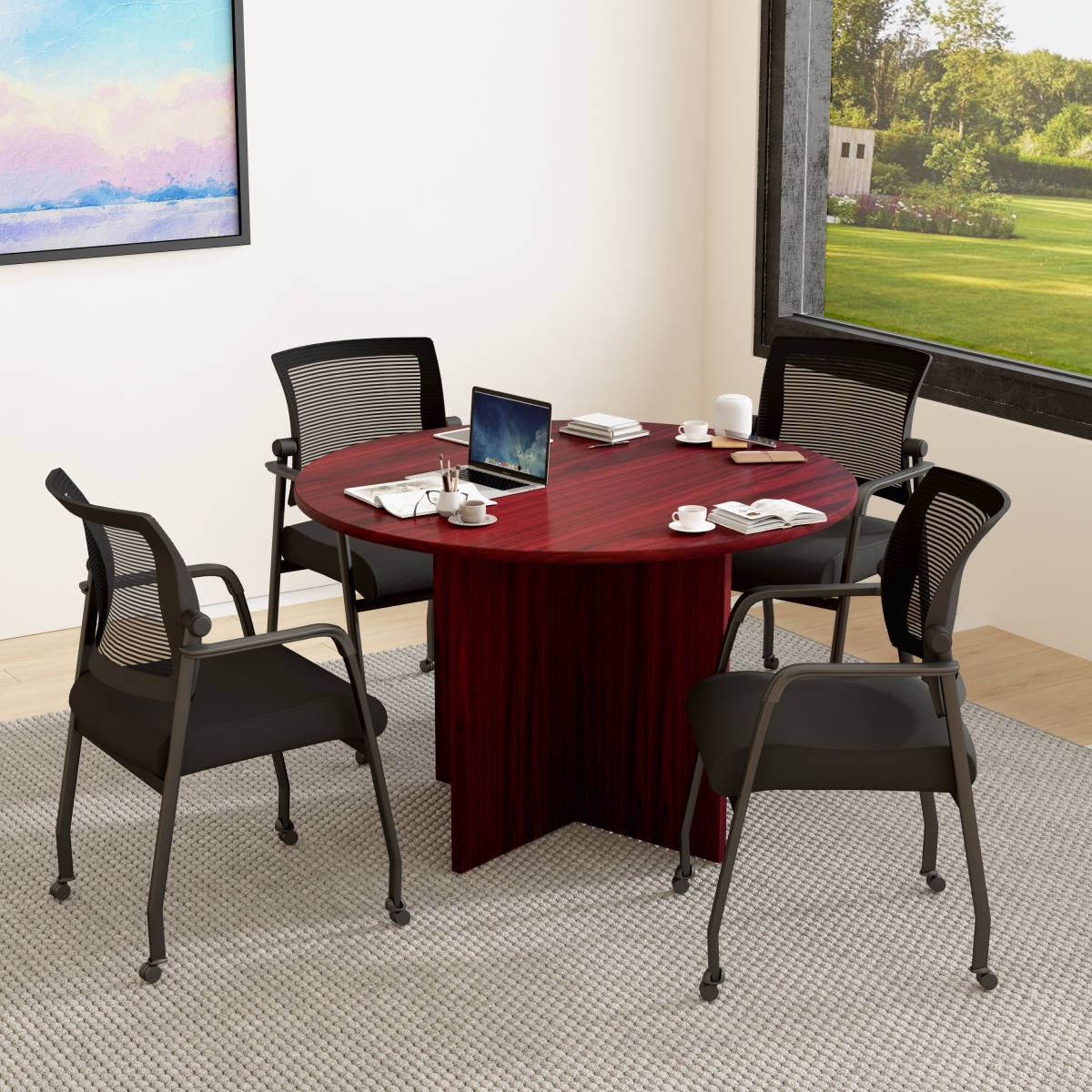 Executive Round Conference Table & Chairs - Mahogany - 47 in. - Set of 5 - Durable and Stylish