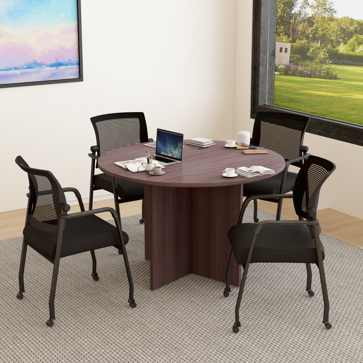 GROUP123DW-B 47 in. Executive Round Conference Table & Chairs, Driftwood
