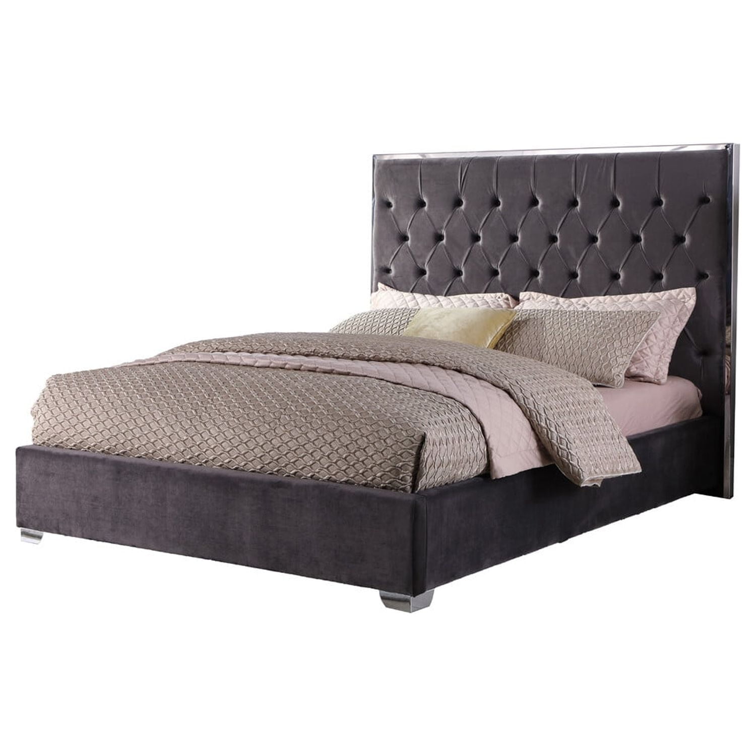 Kressa Upholstered Velour Queen Bed, Dark Grey