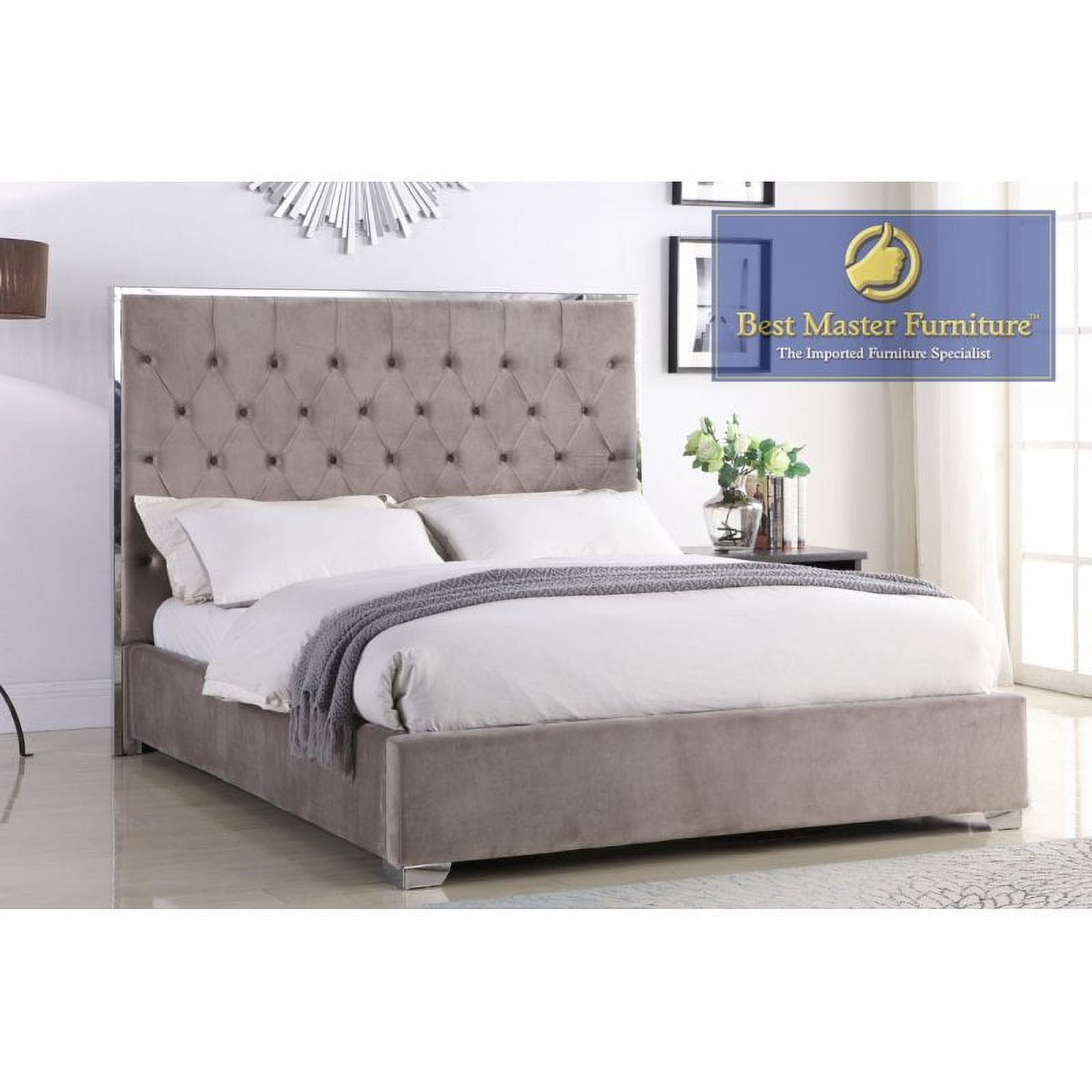 Kressa Upholstered Velour Queen Bed, Light Grey