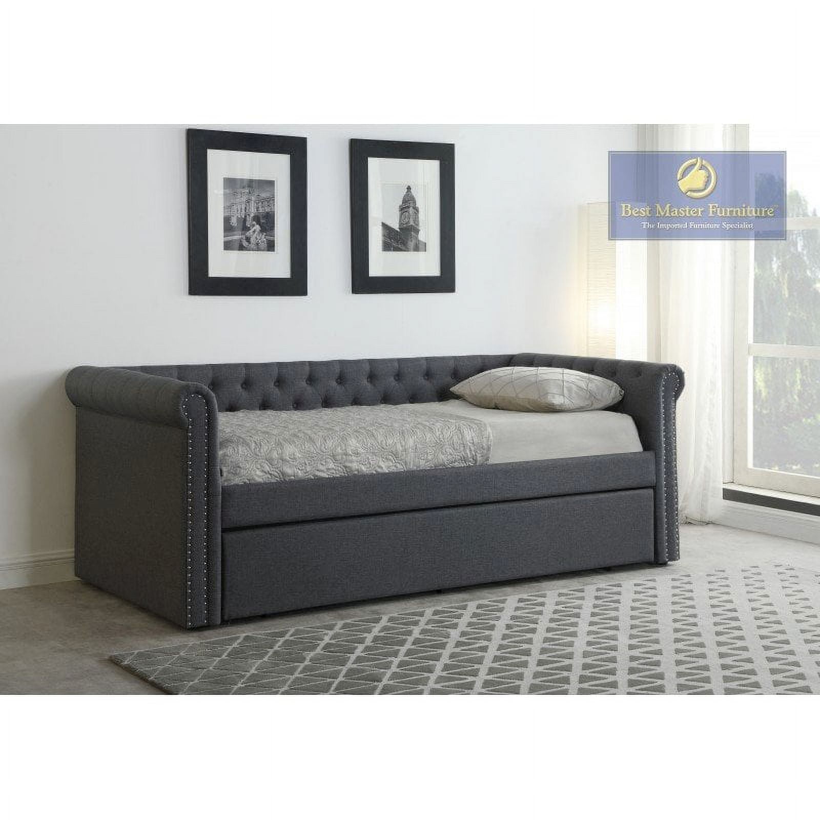 Twin Tufted Nailhead Daybed with Trundle, Grey