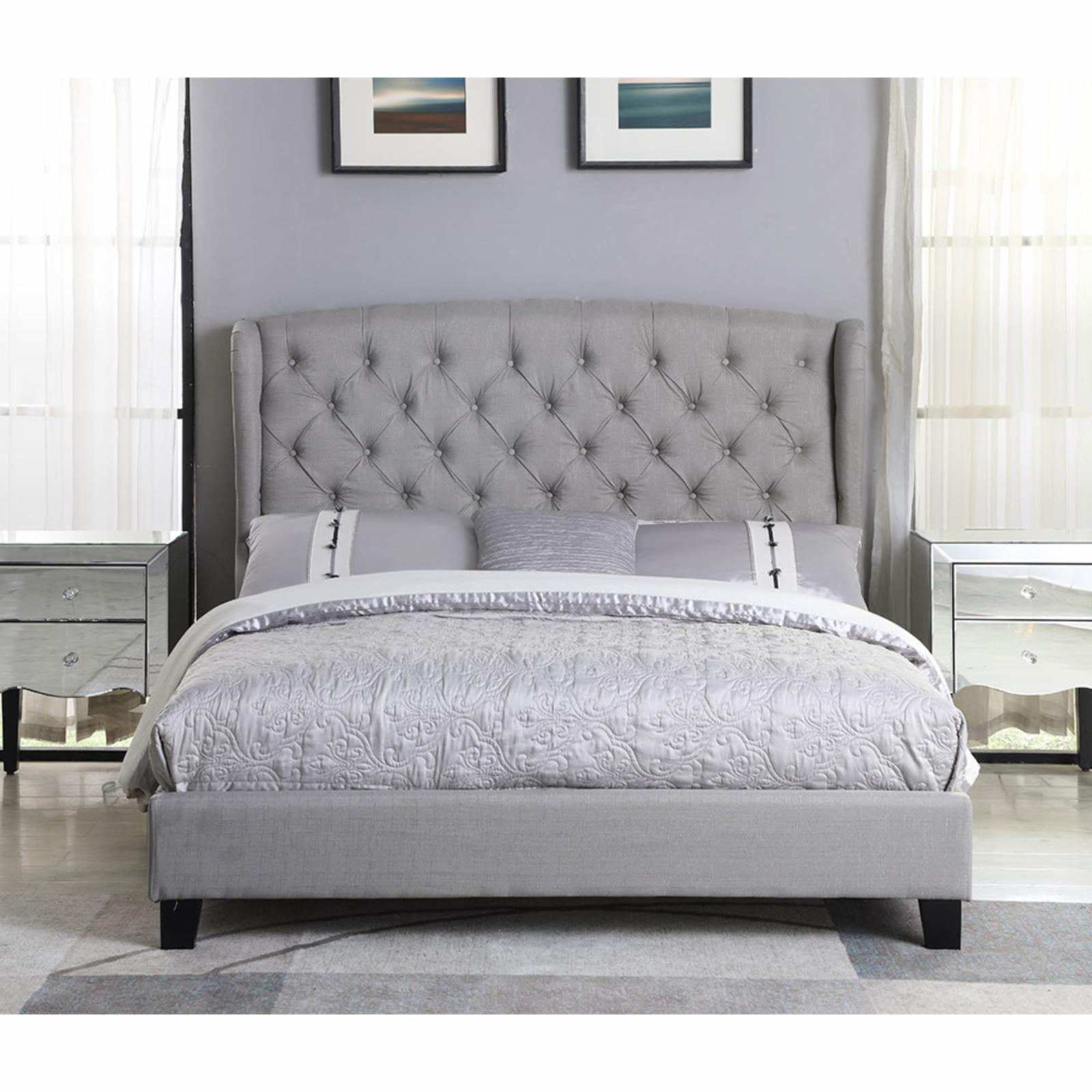 Frances Upholstered Linen Blend Platform Queen Bed, Grey