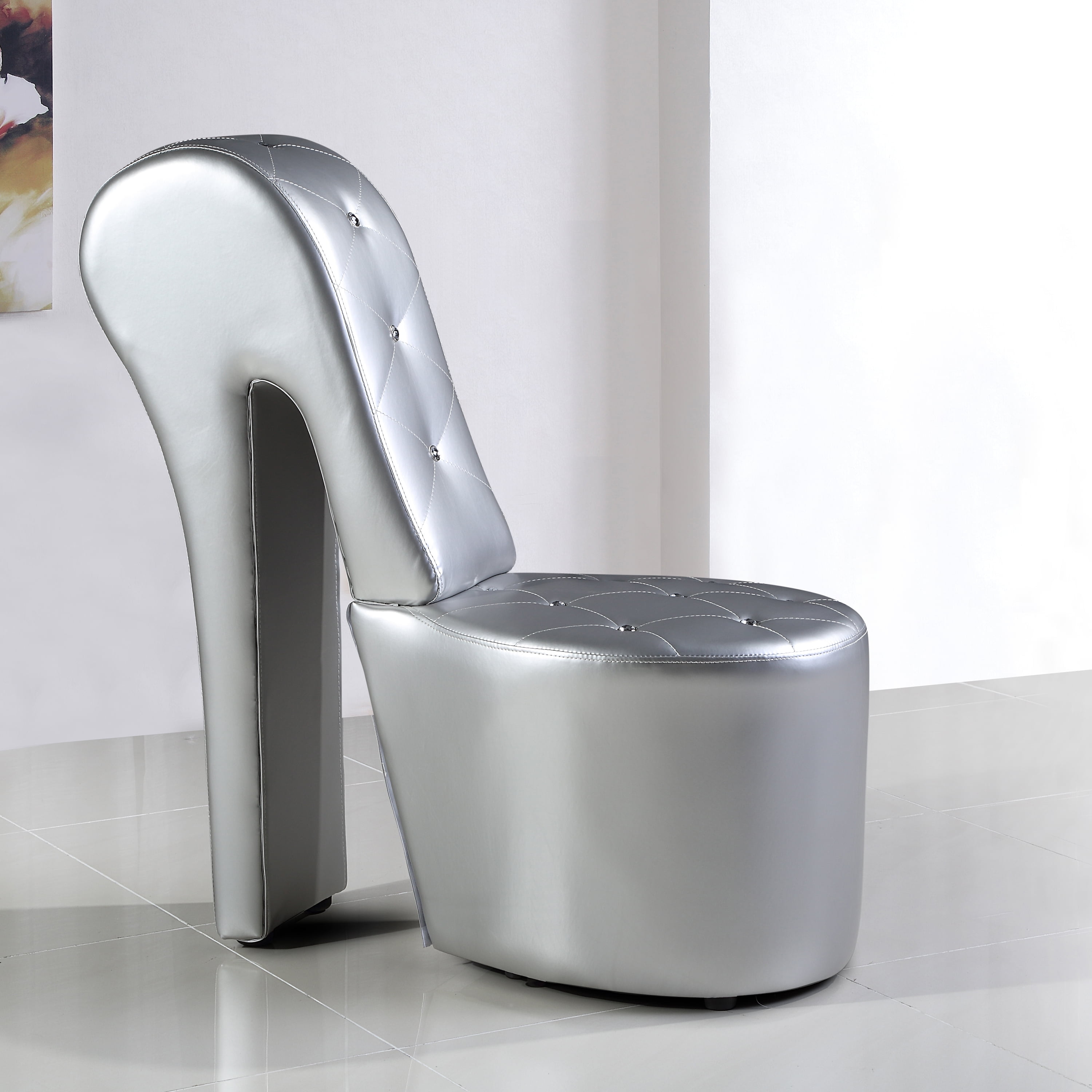 Picture of Best Master Furniture 6900 Silver High Heel Faux Leather Crystal Studs Shoe Chair, Silver