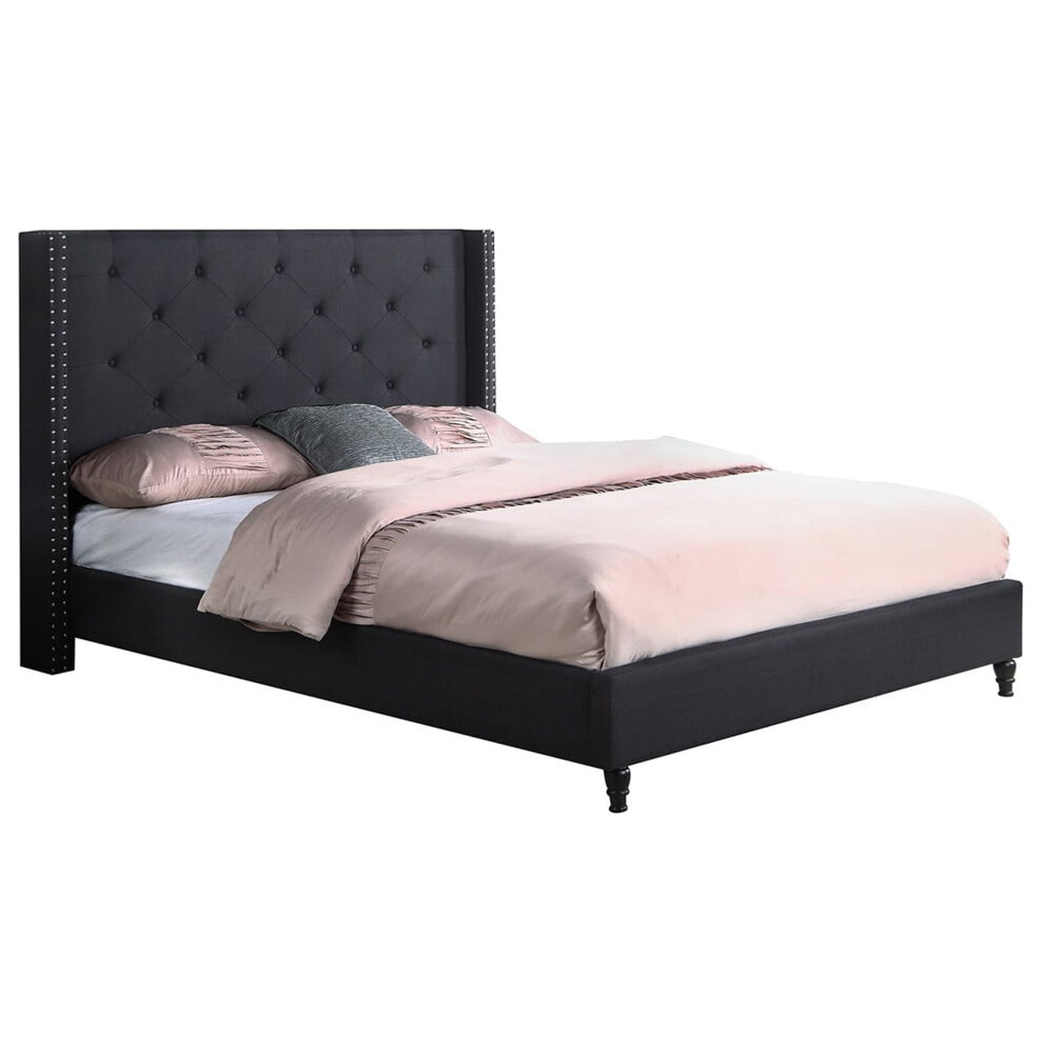 Valentina Upholstered Linen Blend Wingback Platform King Bed, Black