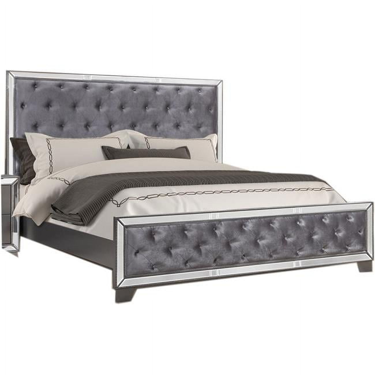 B1004 California King Bed Beronica Tufted Dark Grey Mirrored California King Size Bed, Sedona Silver -  Best Master Furniture