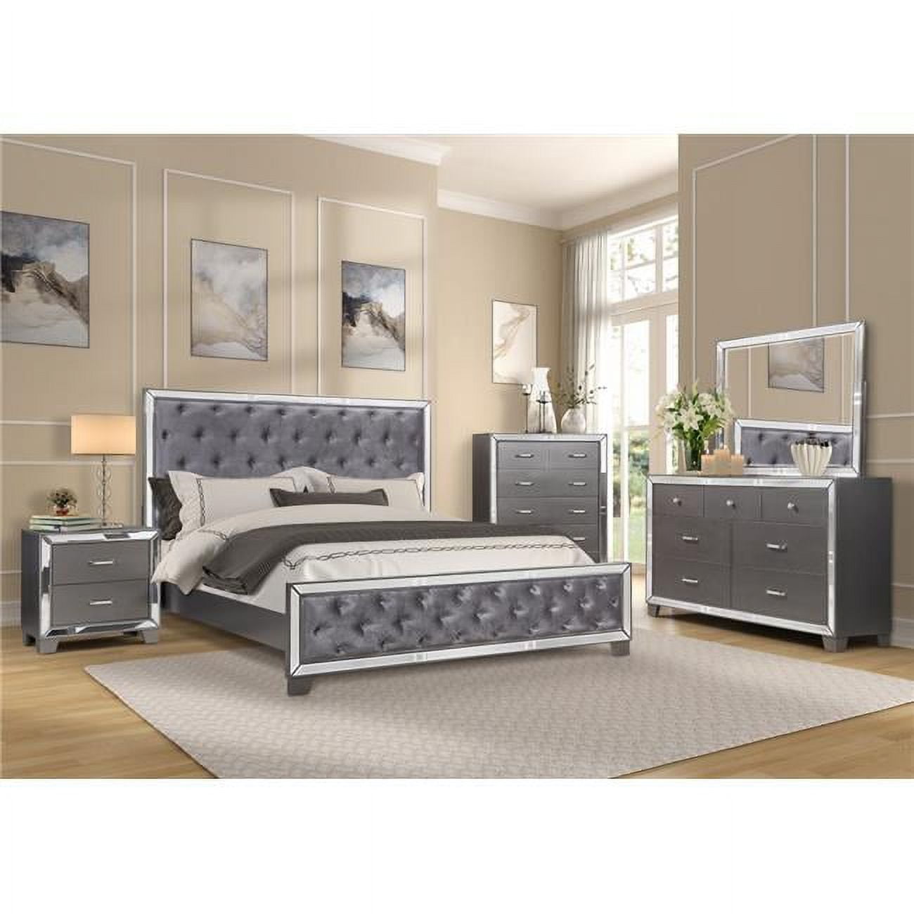 Picture of Best Master Furniture B1004 5PC Eastern King Set Beronica Tufted Dark Grey Mirrored King Size Set, Sedona Silver - 5 Piece