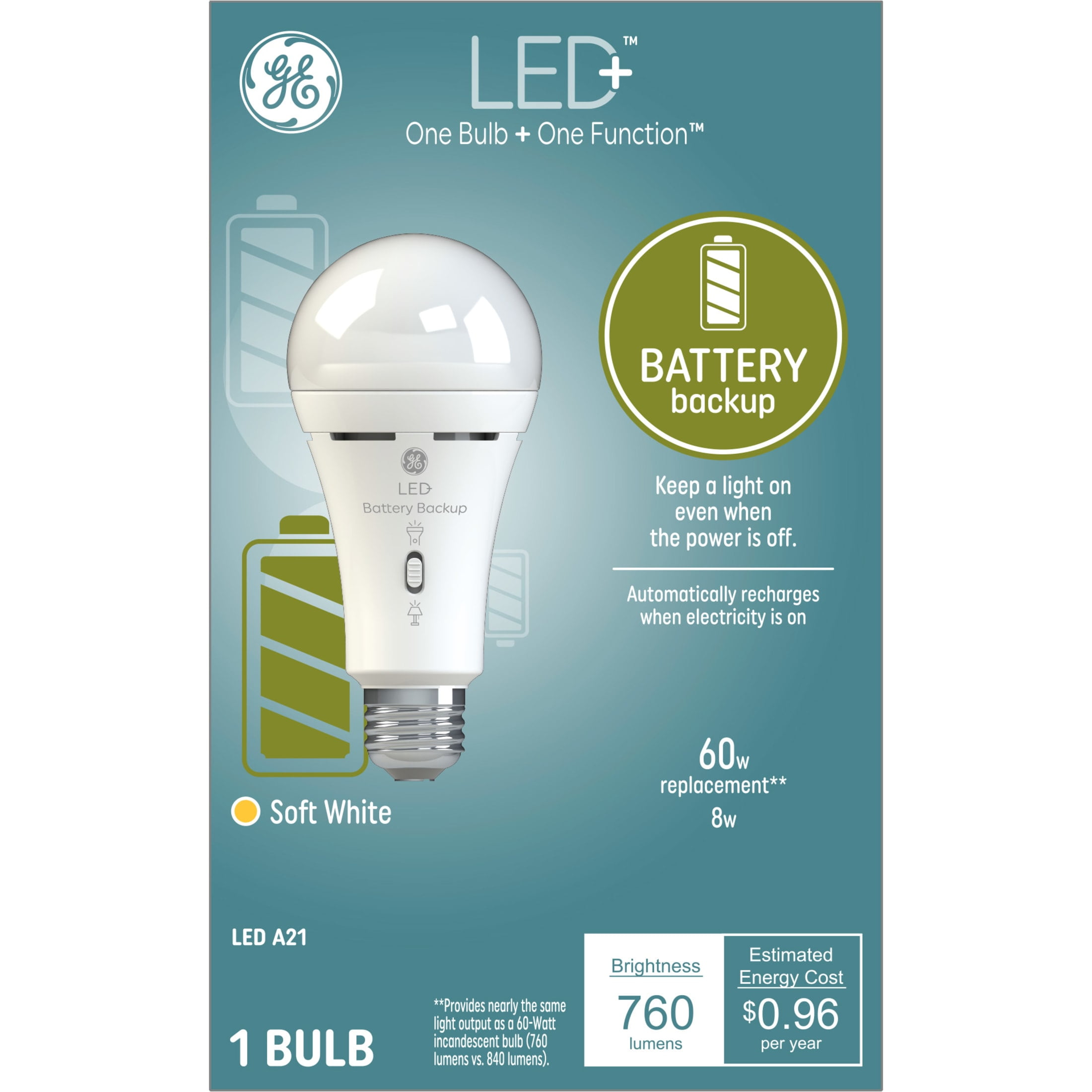 8W A21 Medium LED Battery Backup Light Bulb, Soft White