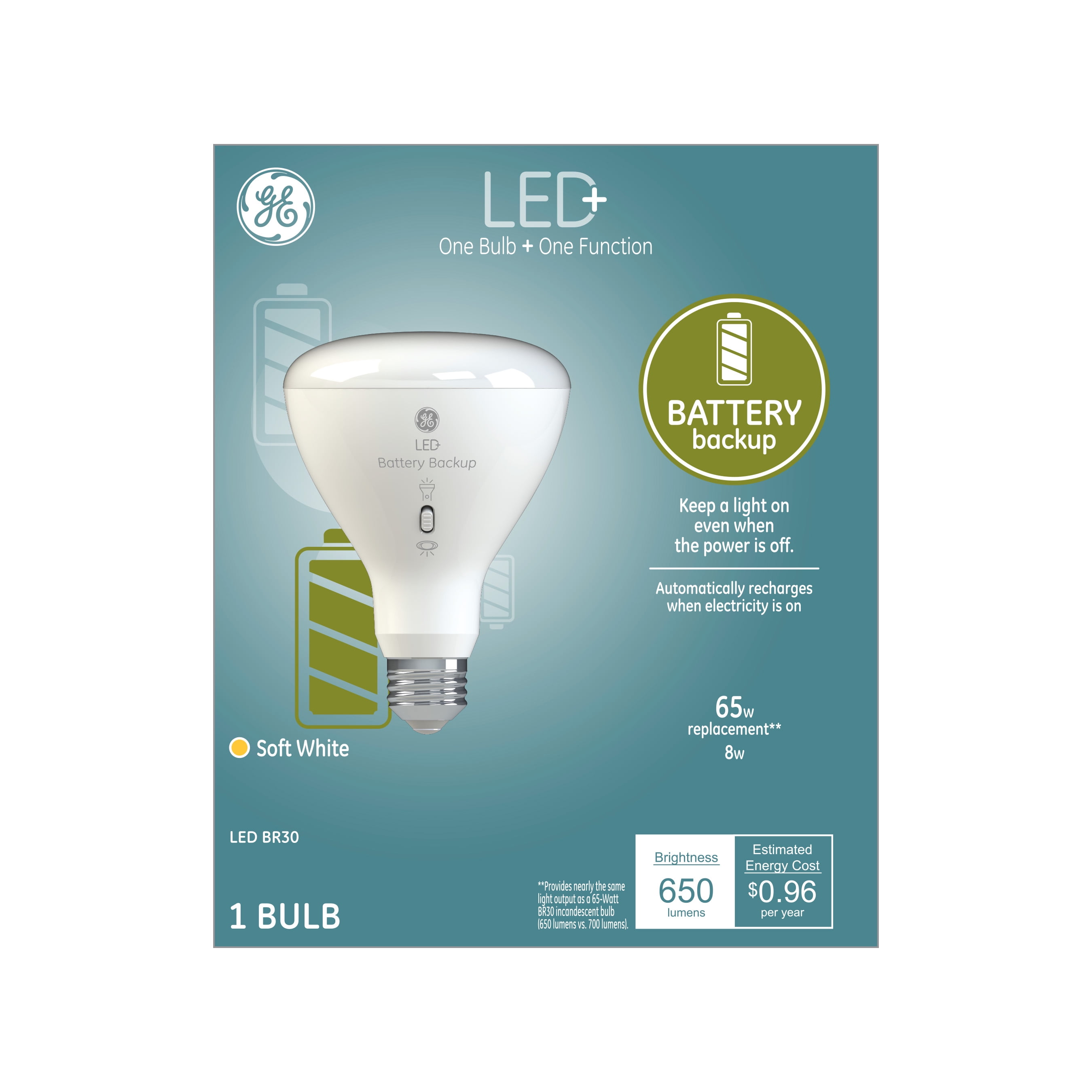 8W BR30 Medium LED Battery Backup Light Bulb, Soft White