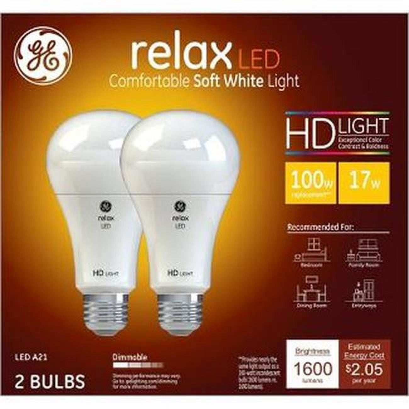 General Electric 93129807 13.5W LED A19 Dimmable Relax Light Bulbs, Soft White - 100W Equivalent - Pack of 2 -  General Electric Corporation