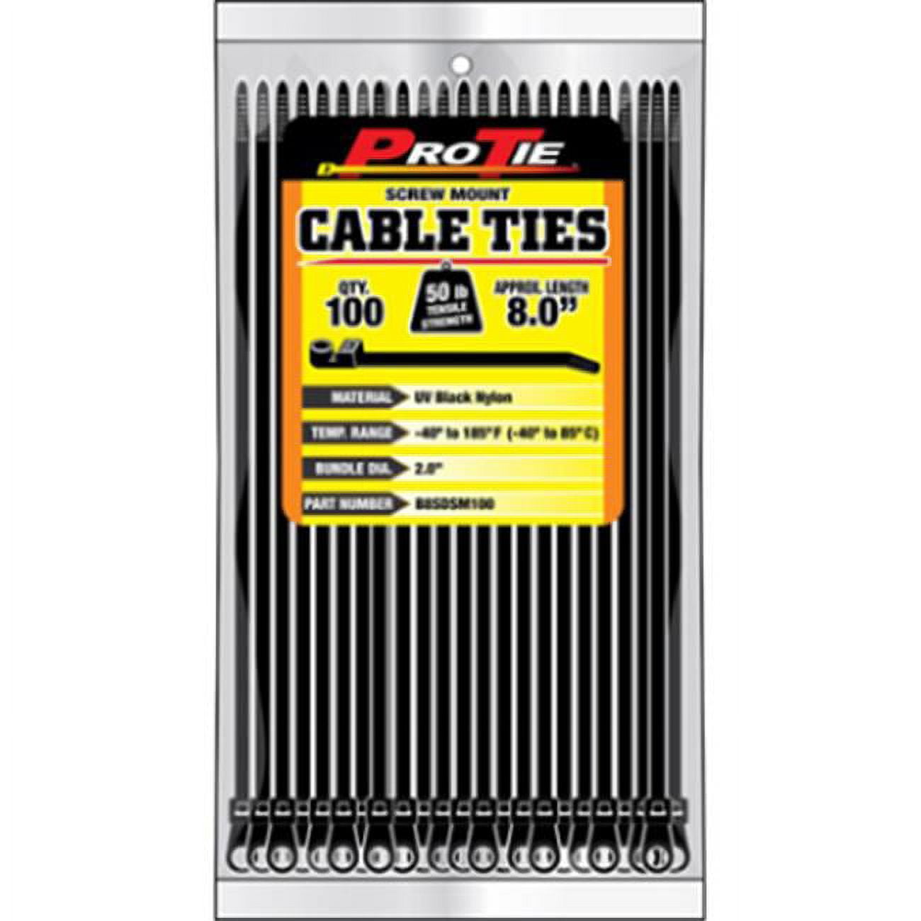 8 in. Standard Duty Cable Ties for Screw Mount, Black - Pack of 100