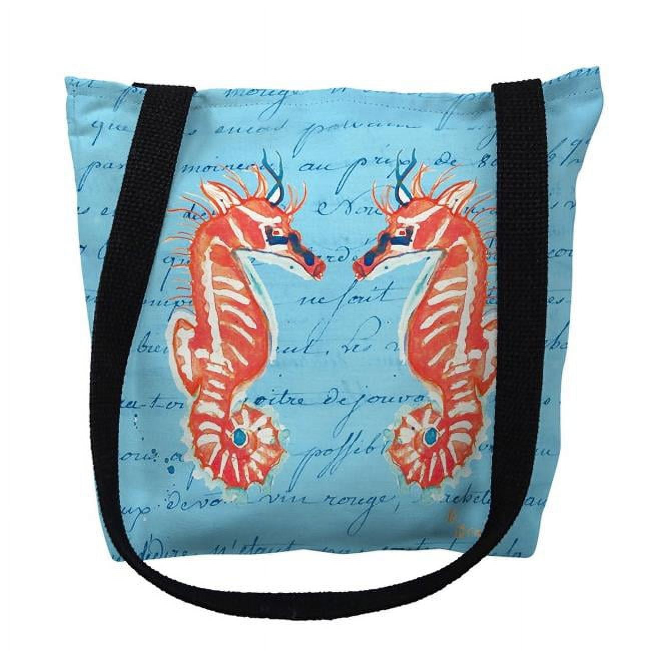 18 x 18 in. Coral Sea Horses Blue Script Tote Bag - Large