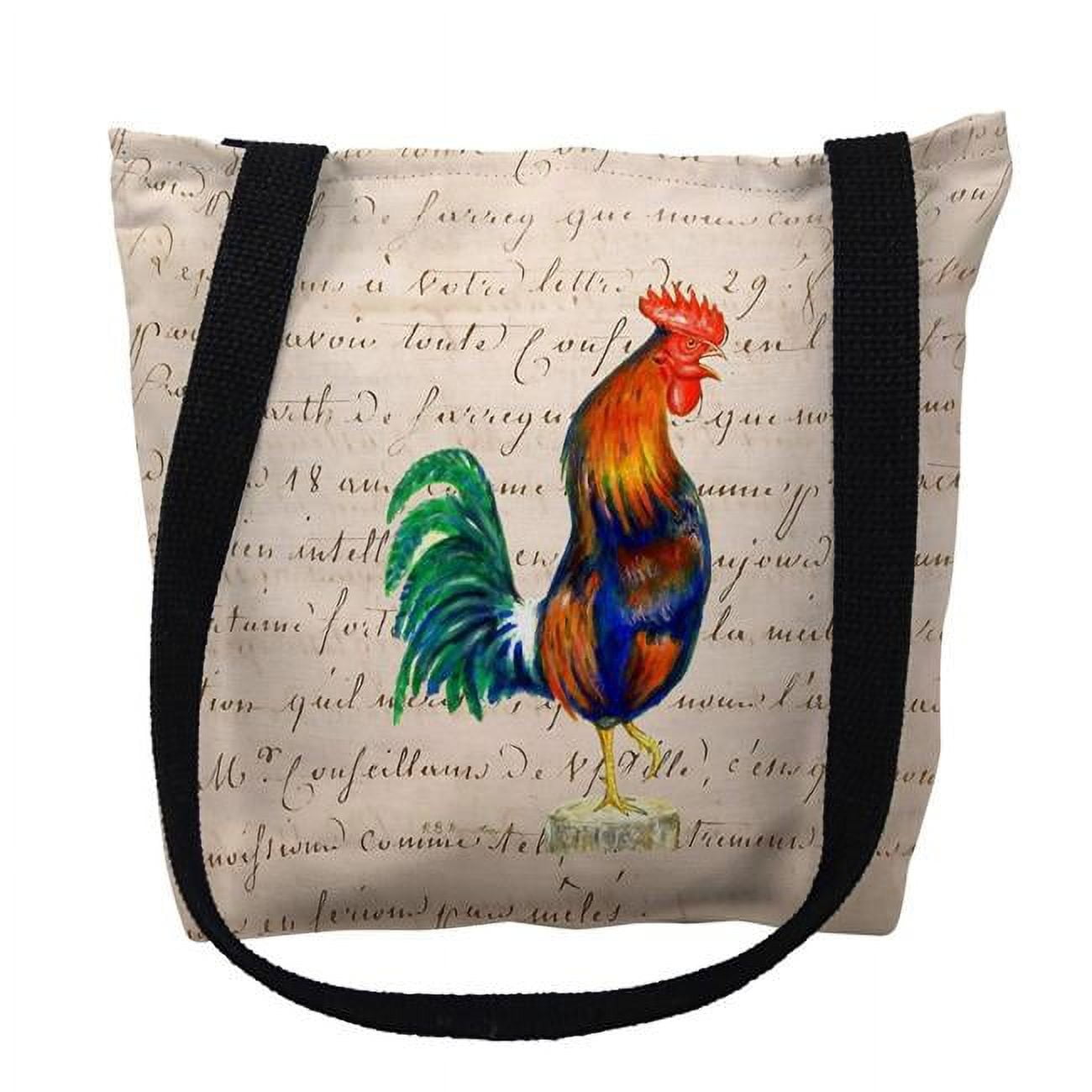 13 x 13 in. Blue Rooster Beige Script Tote Bag - Small