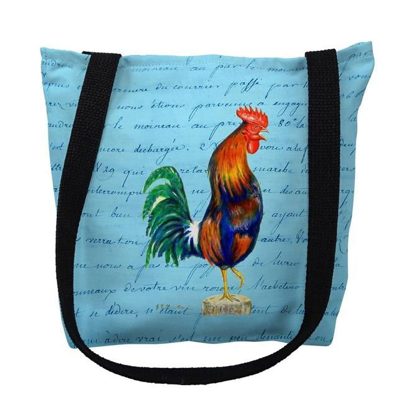 13 x 13 in. Blue Rooster on Blue Script Tote Bag - Small