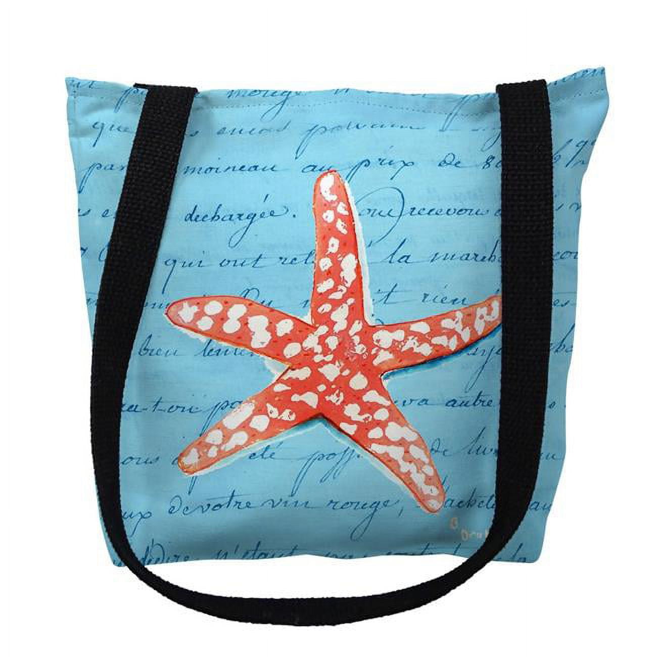 13 x 13 in. Coral Starfish Blue Script Tote Bag - Small