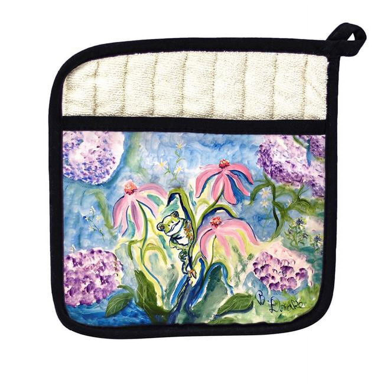 Picture of Betsy Drake PT1424 Frog & Pink Flowers Pot Holder