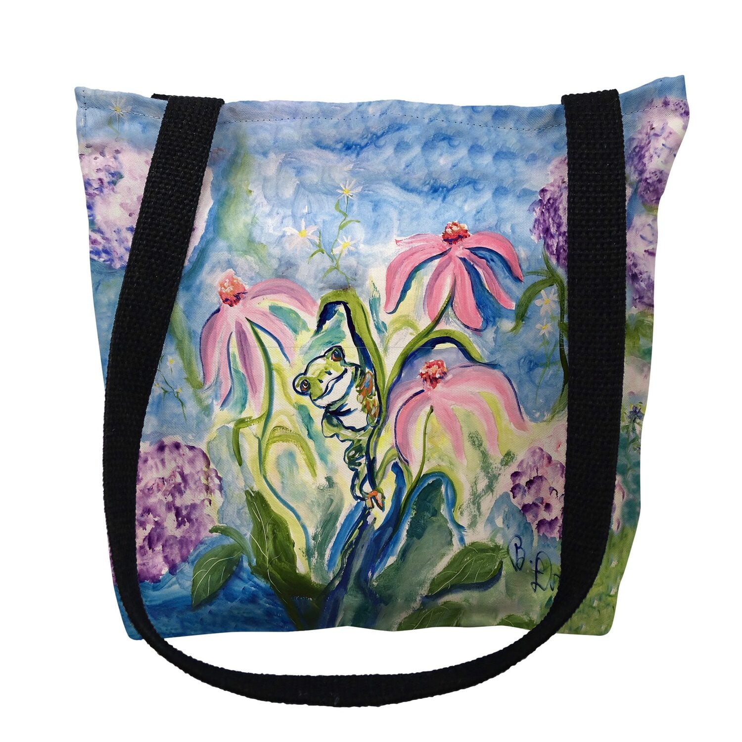 16 x 16 in. Frog & Pink Flowers Tote Bag - Medium