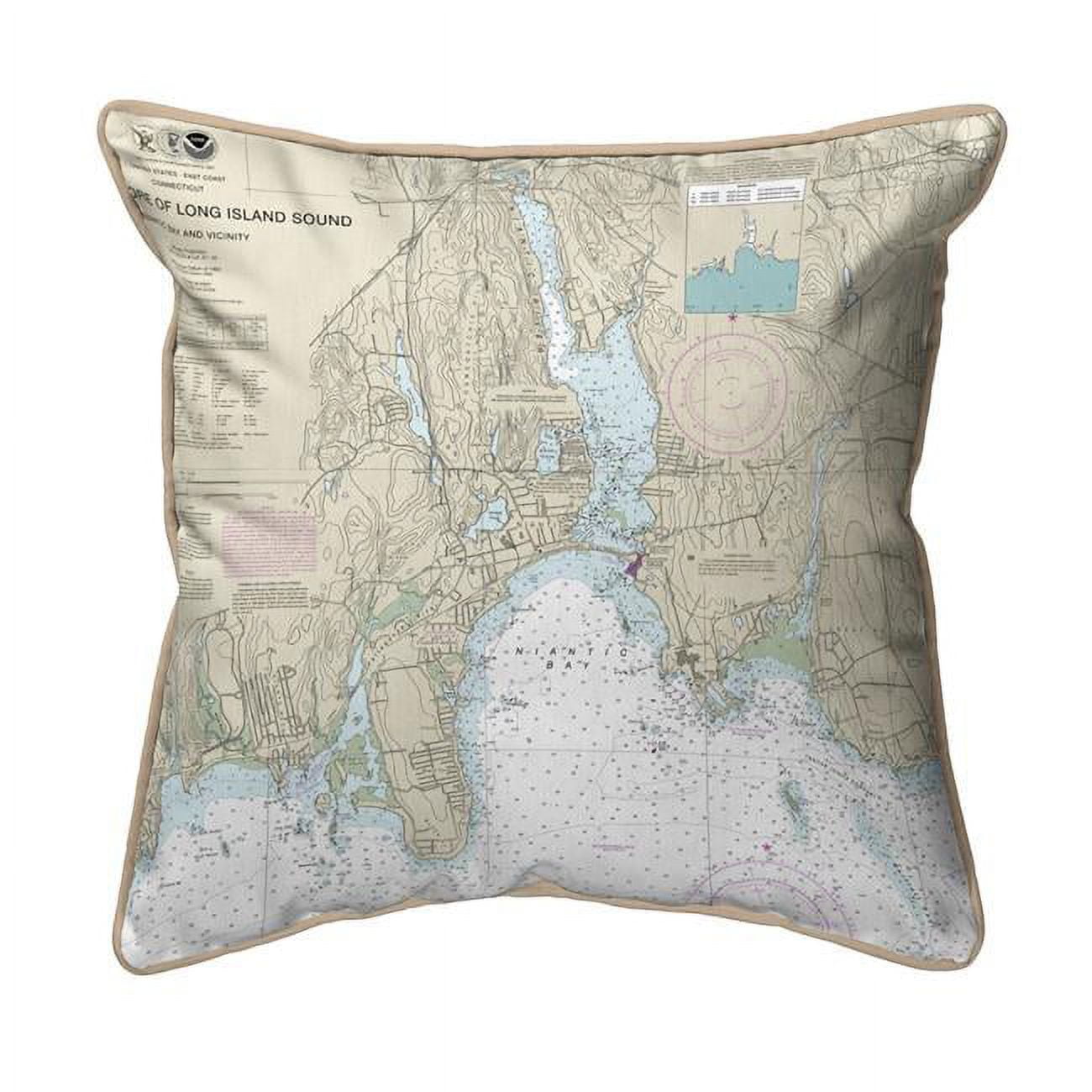 Picture of Betsy Drake HJ13211NBT 18 x 18 in. North Shore Long Island to Niantic Bay&#44; CT Nautical Map - Tan Cord Large Corded Indoor & Outdoor Pillow