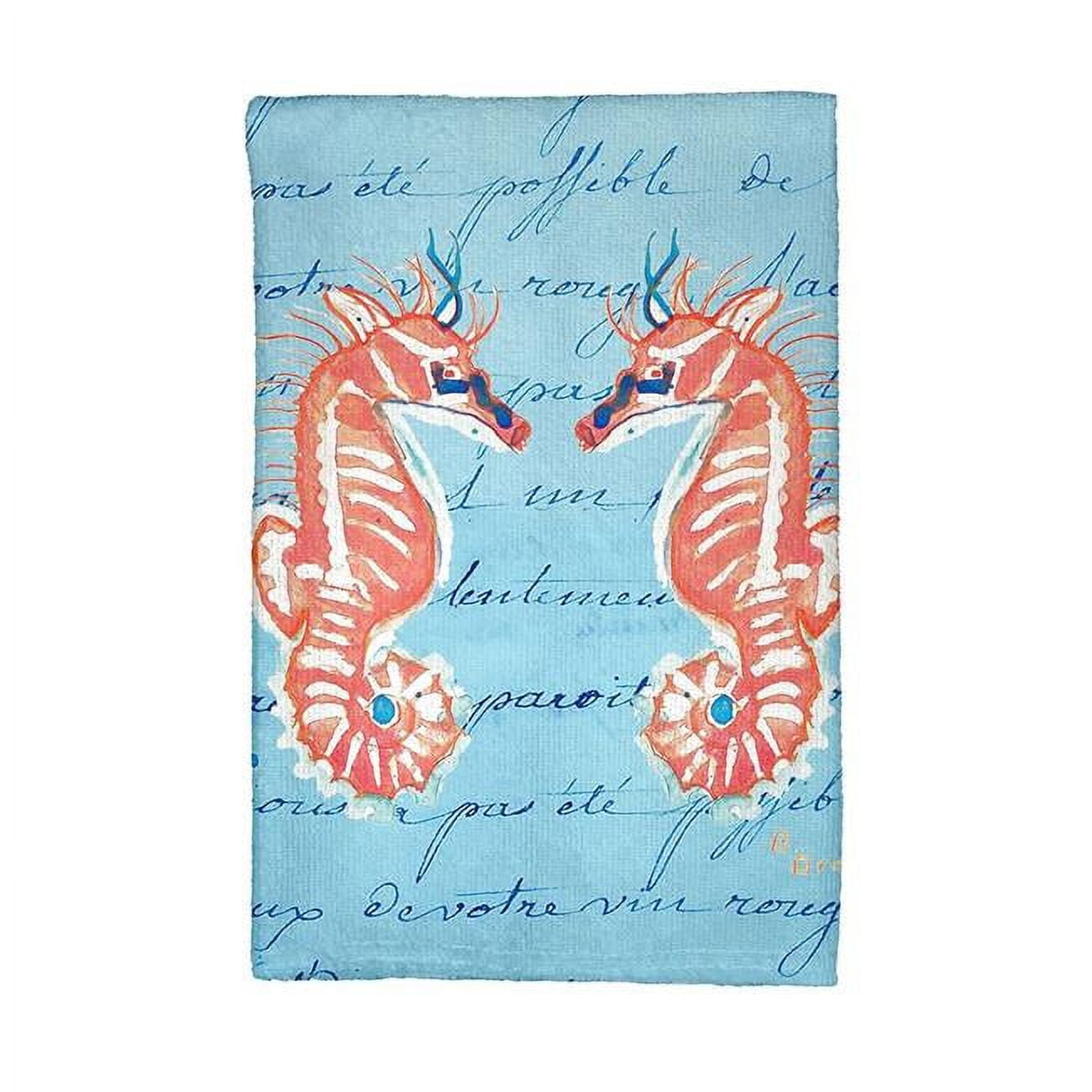 Picture of Betsy Drake KT100B Coral Sea Horses Blue Script Kitchen Towel