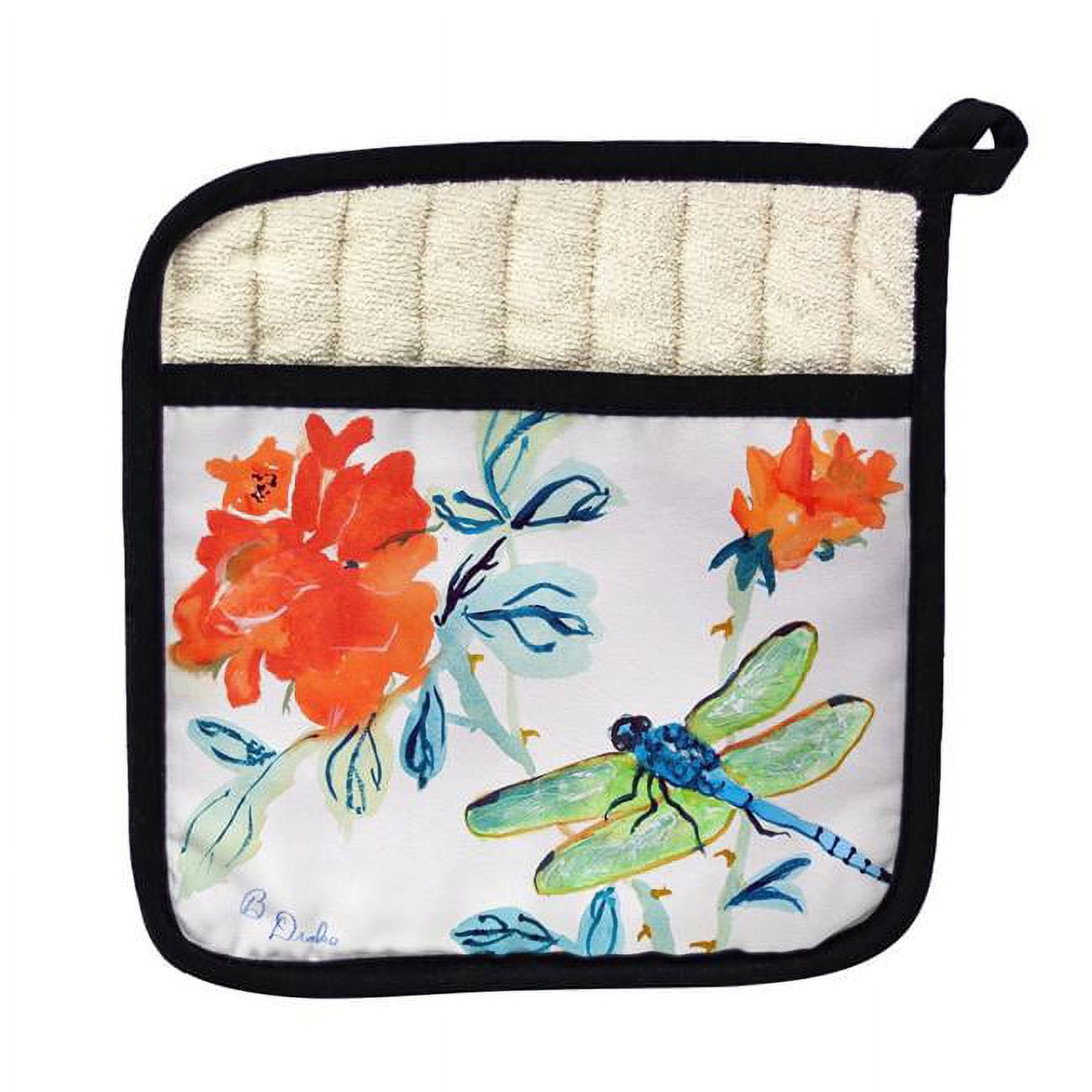 Picture of Betsy Drake PT1046 Dragonfly & Red Flower Pot Holder