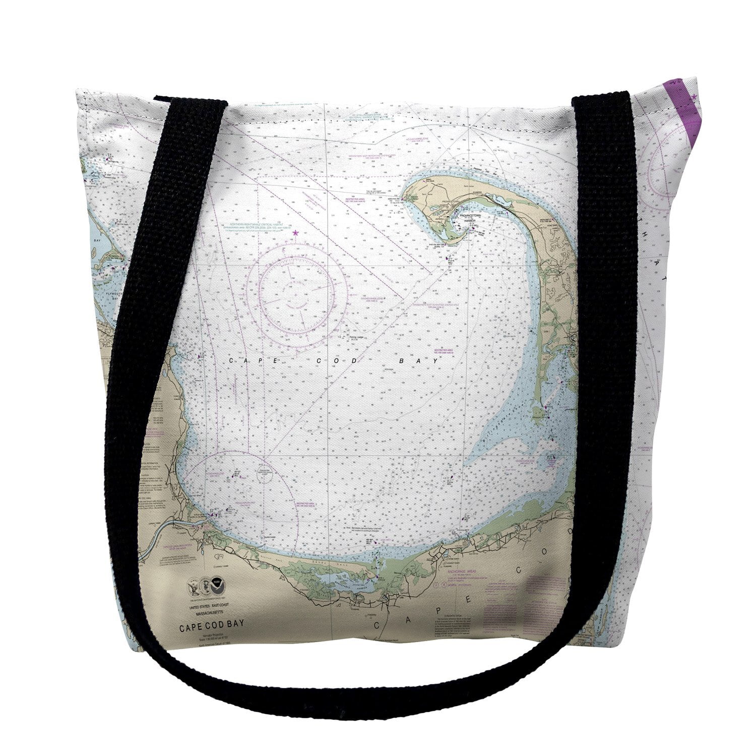 16 x 16 in. Cape Cod Bay, MA Nautical Map Tote Bag - Medium